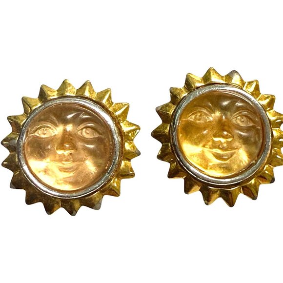 Anne Klein Gold-Tone Smiling Sun Face Clip Ons Earrings Rare - Picture 1 of 10